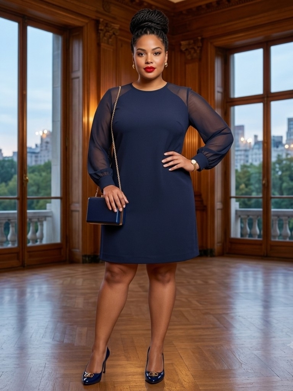 Calvin Klein Navy Long-Sleeve Sheer-Sleeve Shift Dress